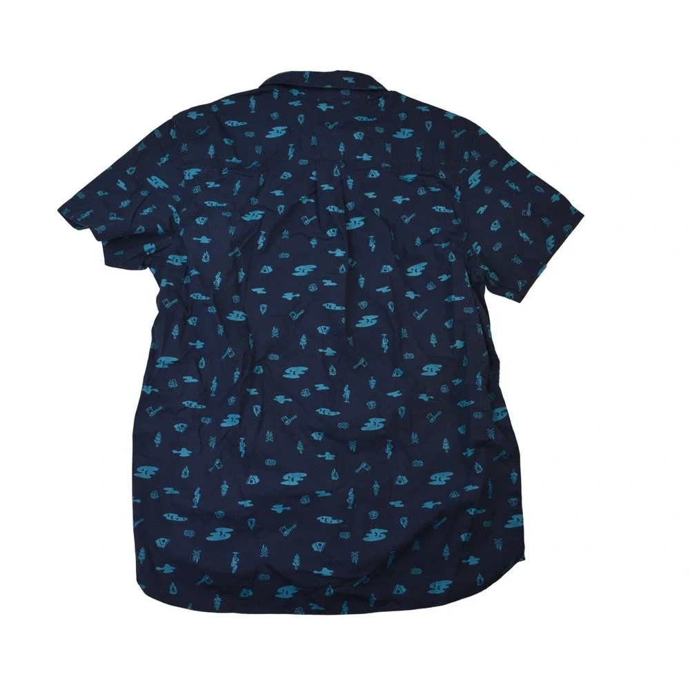 The North Face Mens Navy Blue Camping Print Short Sleeve Cotton Button Down L‎